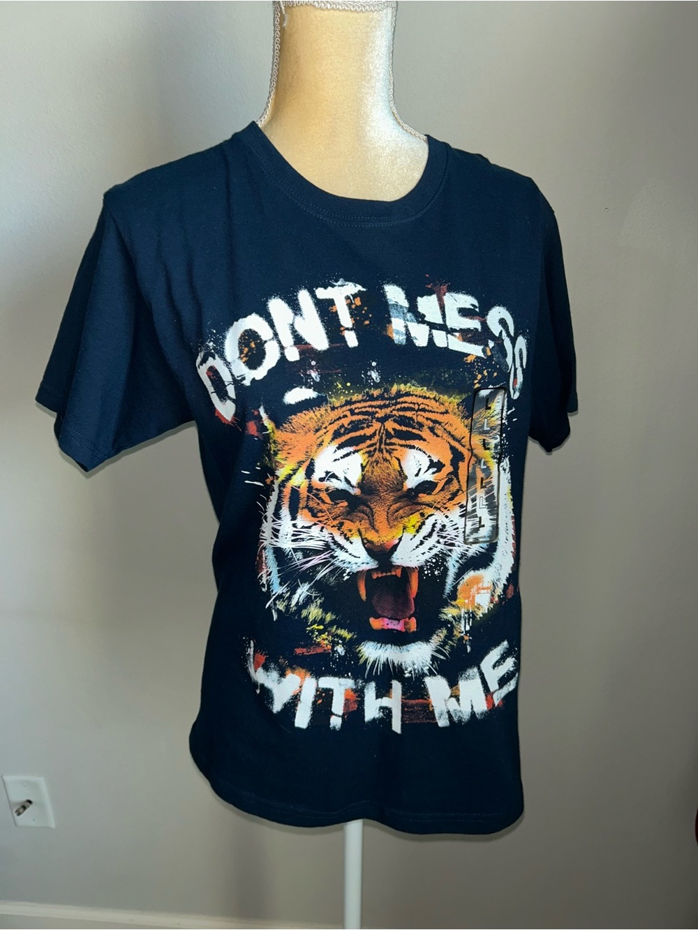 Route 66 Navy Short Sleeve Tee with Fierce Tiger Graphic Sz L